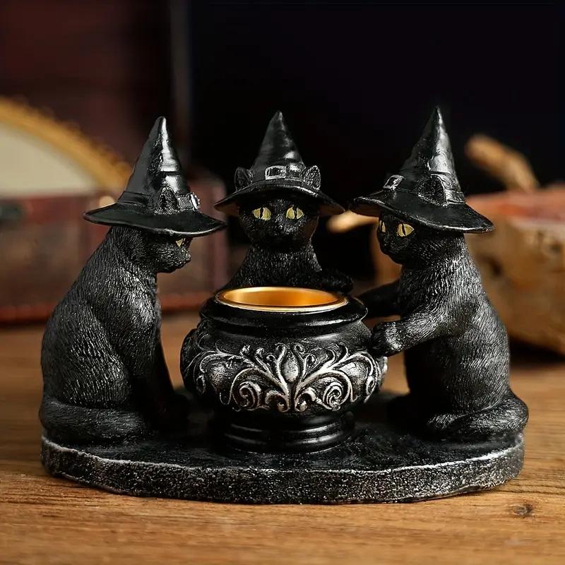 Resin Witch Cat Candle Holder Figurine