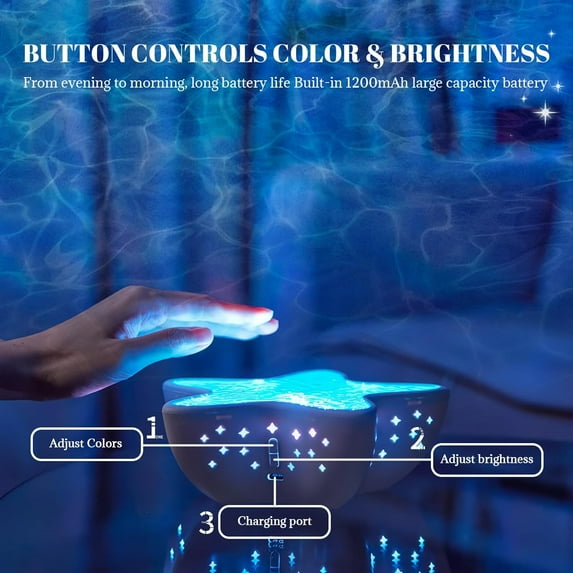 Ocean Wave Projector Light, 7 Colors Rechargeable Starfish Night Light for Kids