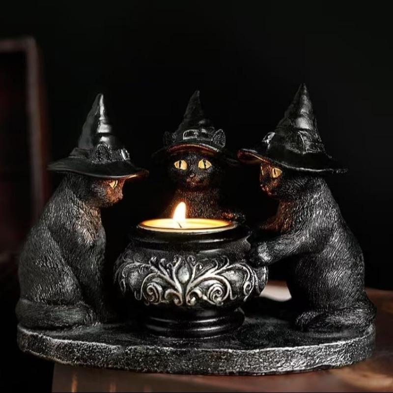 Resin Witch Cat Candle Holder Figurine
