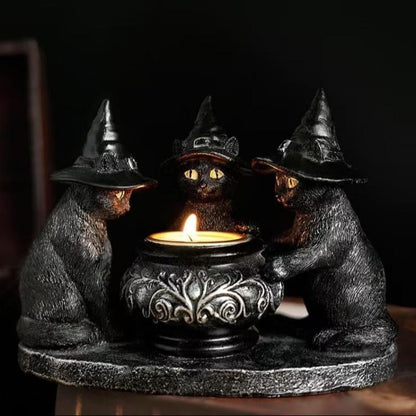 Resin Witch Cat Candle Holder Figurine